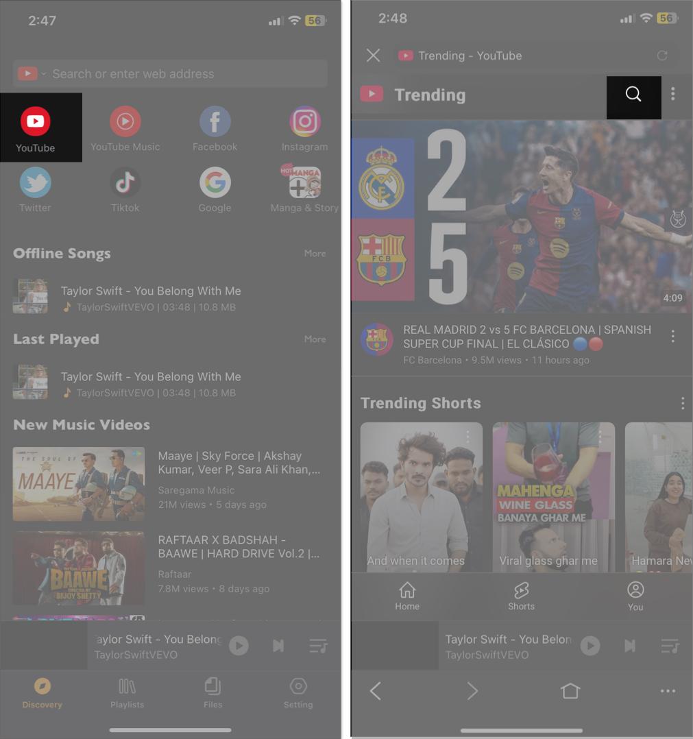 Tap on YouTube in offline music player and browser app.