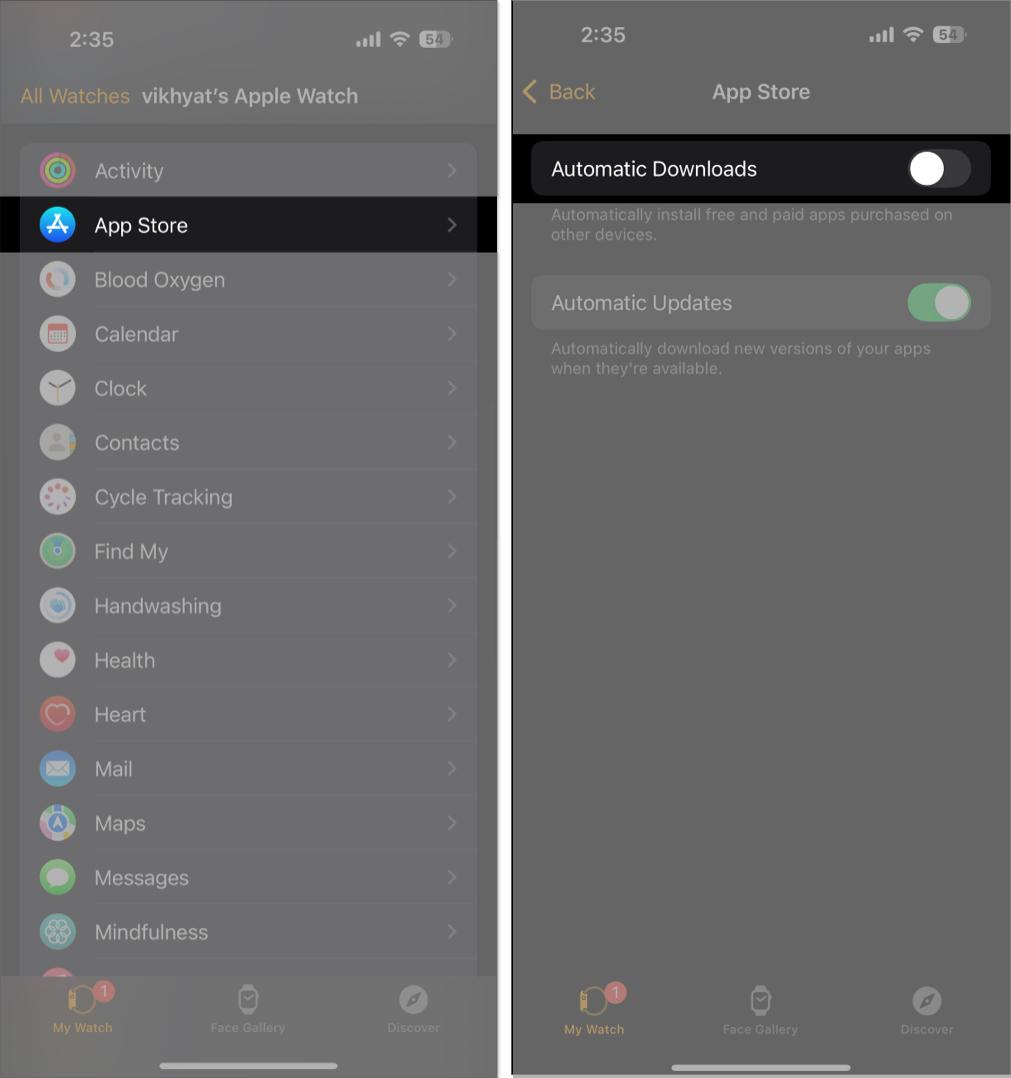 Turning off Automatic Downloads in the Watch app on an iPhone.