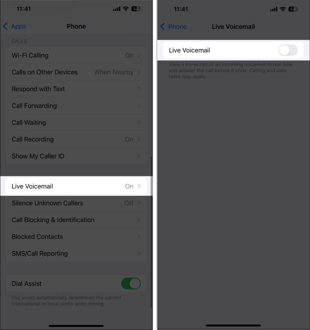 Toggling off the Live Voicemail option on an iPhone.