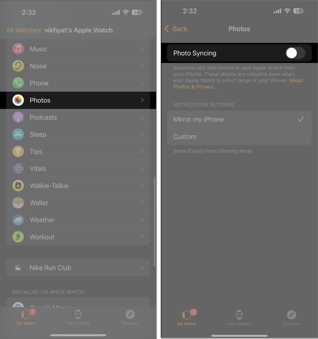 Toggling off the Photo Syncing option on the Watch app on an iPhone.