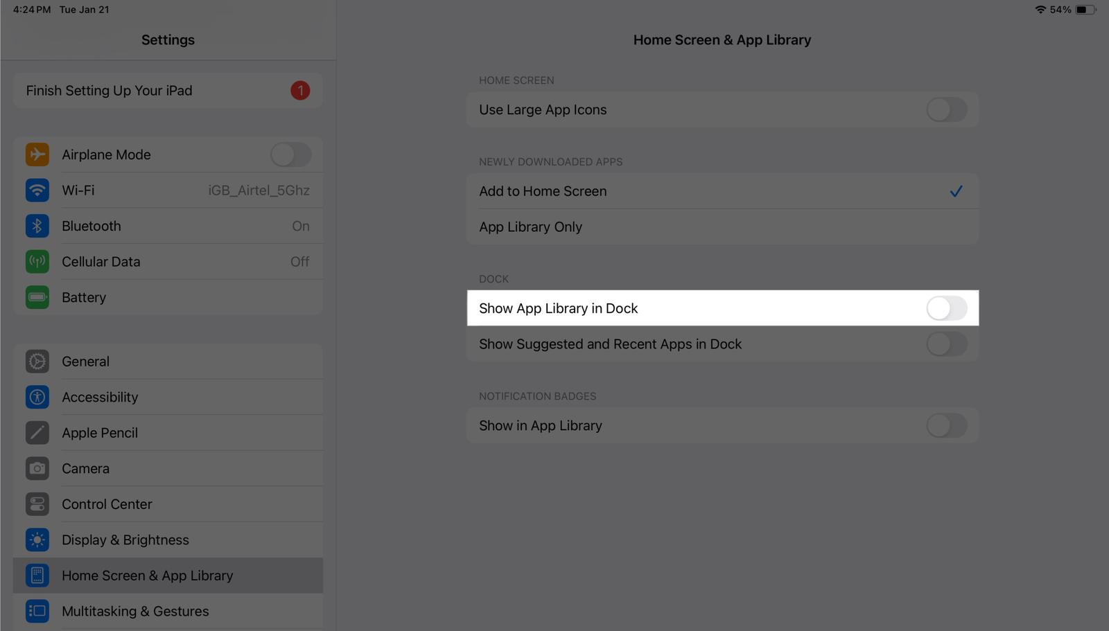 Toggling off the Show App Library in Dock and Show Suggested and Recent Apps in Dock options in iPadOS Settings.