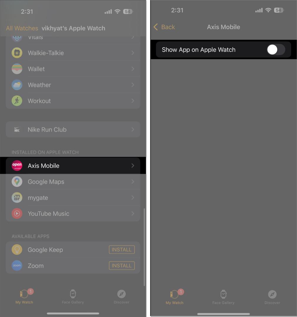 Toggling off the Show App on Apple Watch option to remove app from the App Watch.