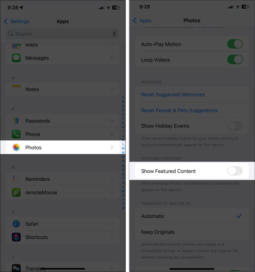 Toggling off Show Featured Content from settings app on iPhone.