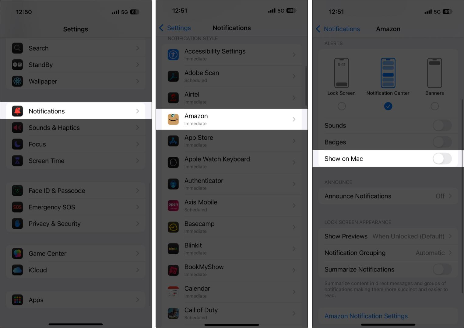 Toggling off the Show on Mac option on the Notifications page in the Settings app on an iPhone.