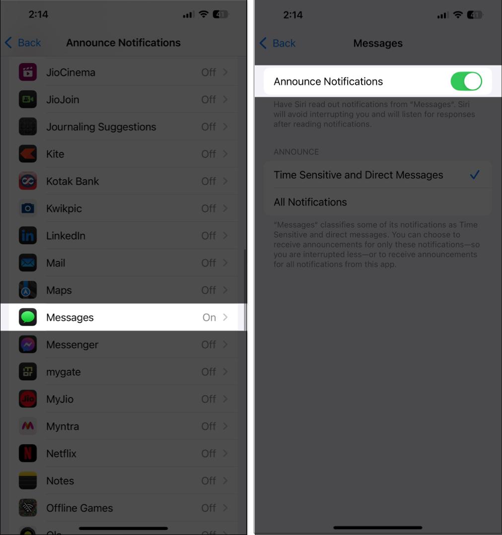 Toggling on Announce Notification for Messages app in iOS settings app.