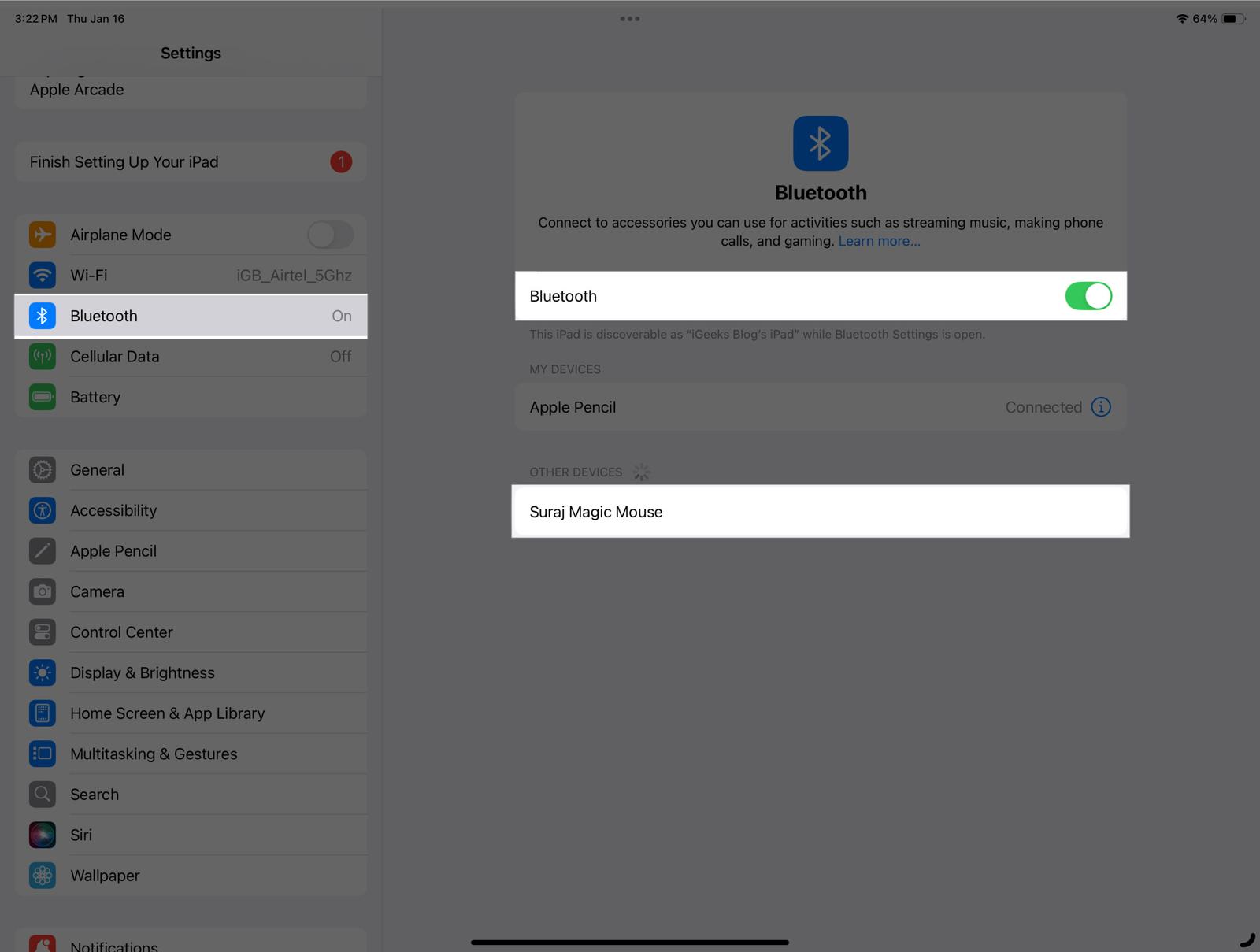 Toggling on Bluetooth in iPadOS Settings app.