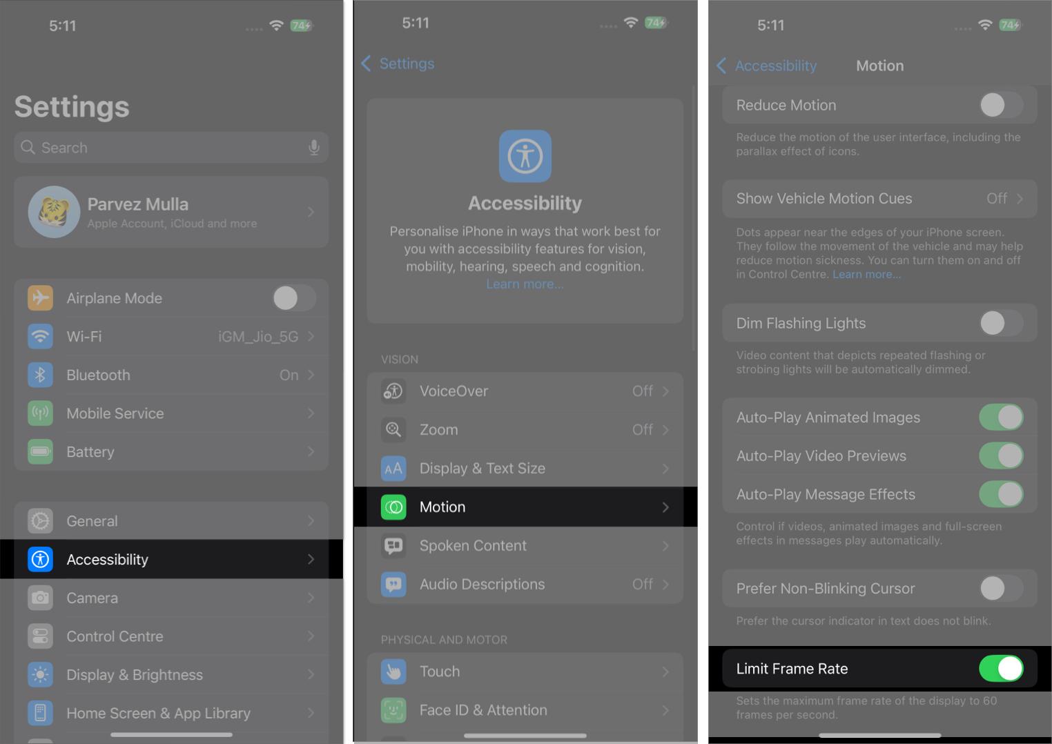 Toggling on the Limit Frame Rate option under Accessibility settings on an iPhone.