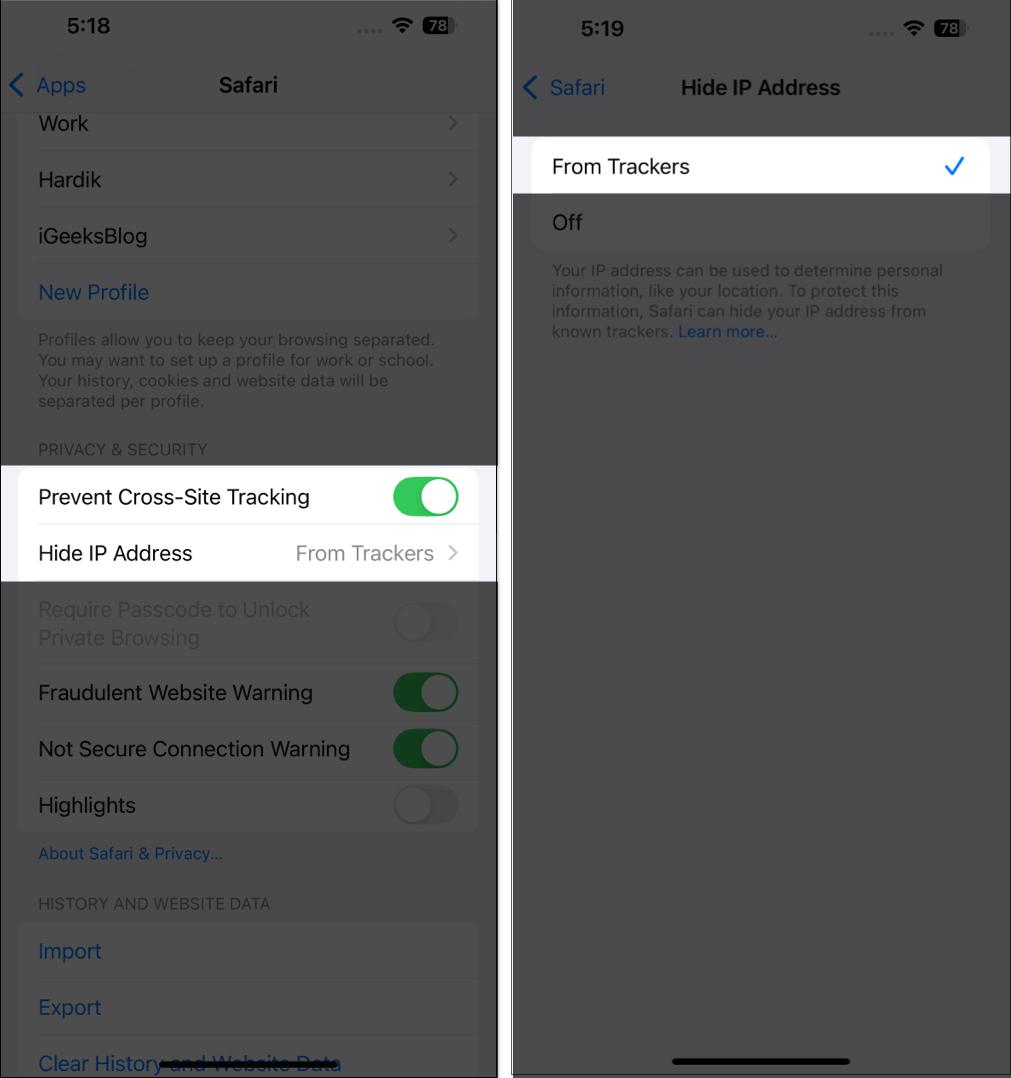 Toggling on Prevent Cross-Site Tracking and selecting From Trackers option for Hide IP Address on an iPhone.