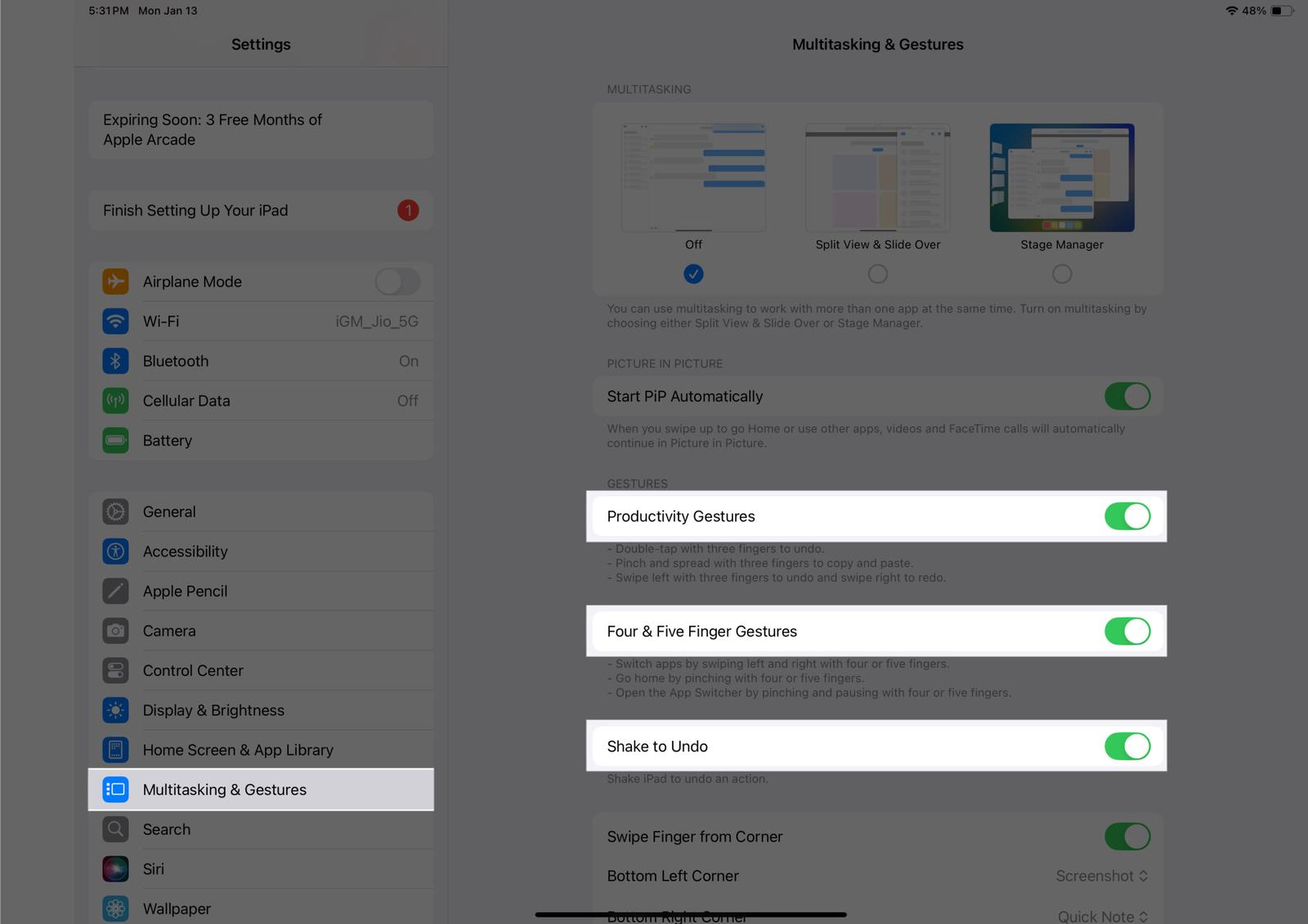 Toggling on Productivity Gestures, Four & Five Gestures and Swipe finger from Corner in iPadOS Settings app.