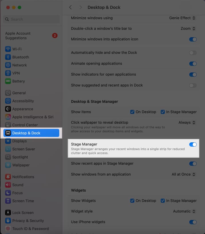 Toggling on the Stage Manager option from Display & Dock settings on a Mac.