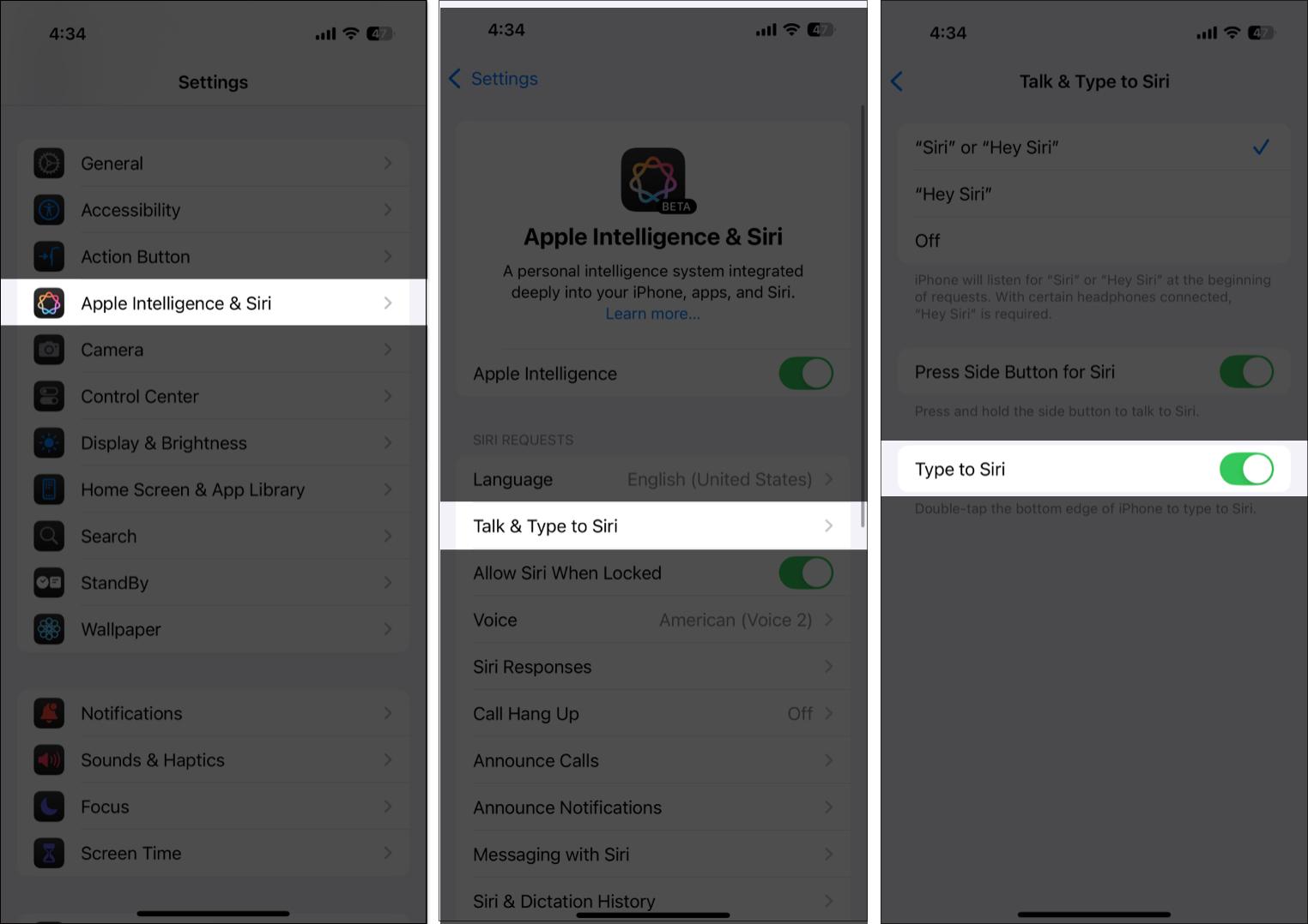 Toggling on Type to Siri from Apple Intelligence & Siri settings page on an iPhone.