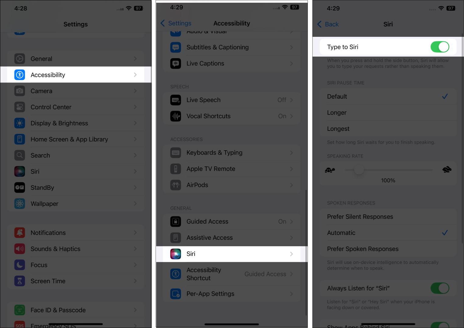 Toggling on Type to Siri on an iPhone running iOS 17.