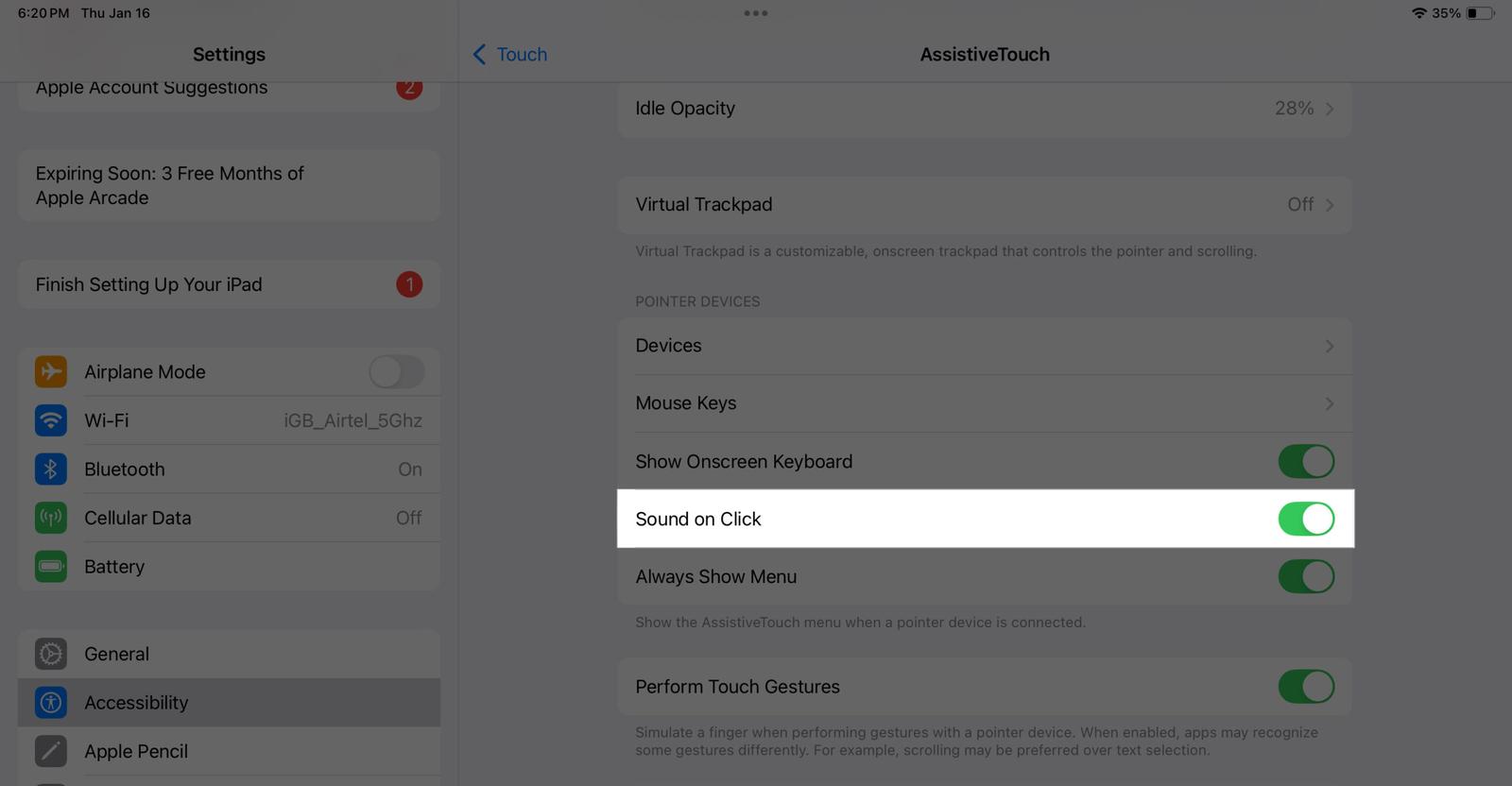 Turning on the Sound on Click option in the Settings app on an iPad.