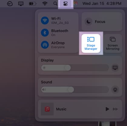 Turning on Stage Manager from macOS Control Center.