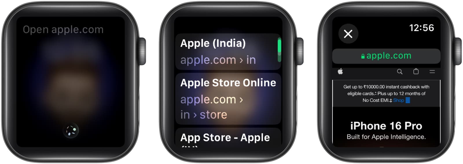 Using Siri to open a website on an Apple Watch.