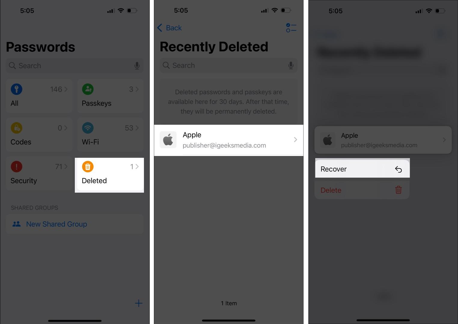 Access Deleted passwords in the Passwords app with Face ID and recover credentials on iPhone.