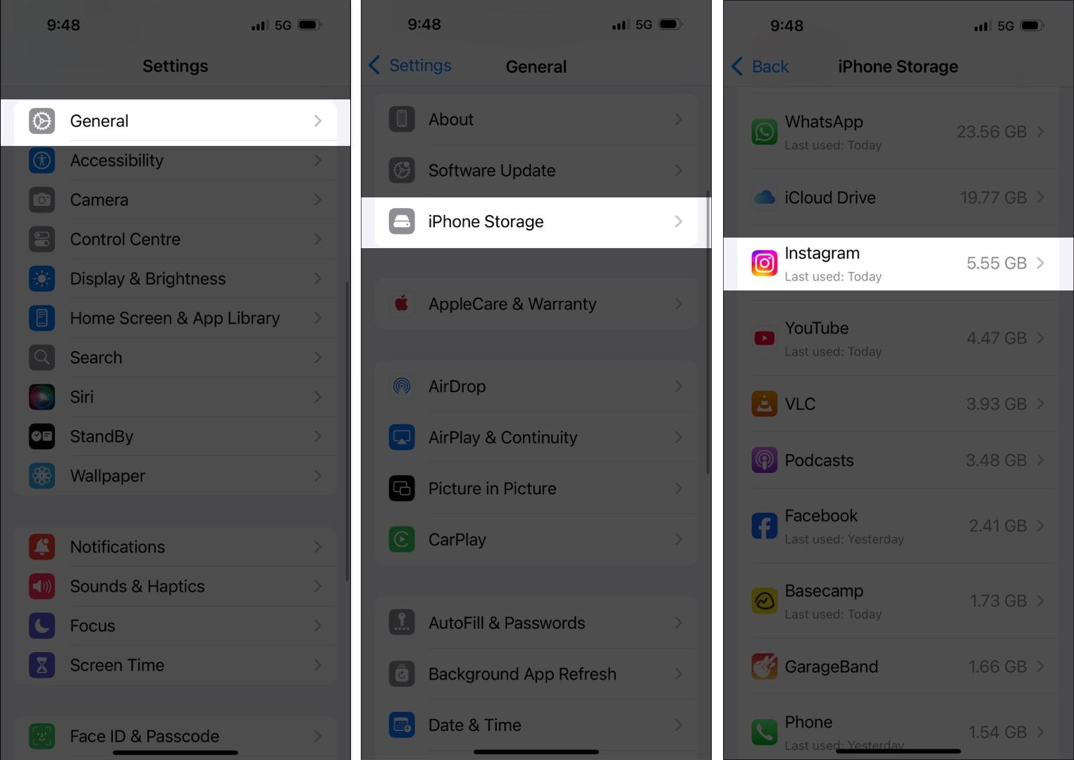 Finding and selecting an app to offload from the iPhone Storage page.