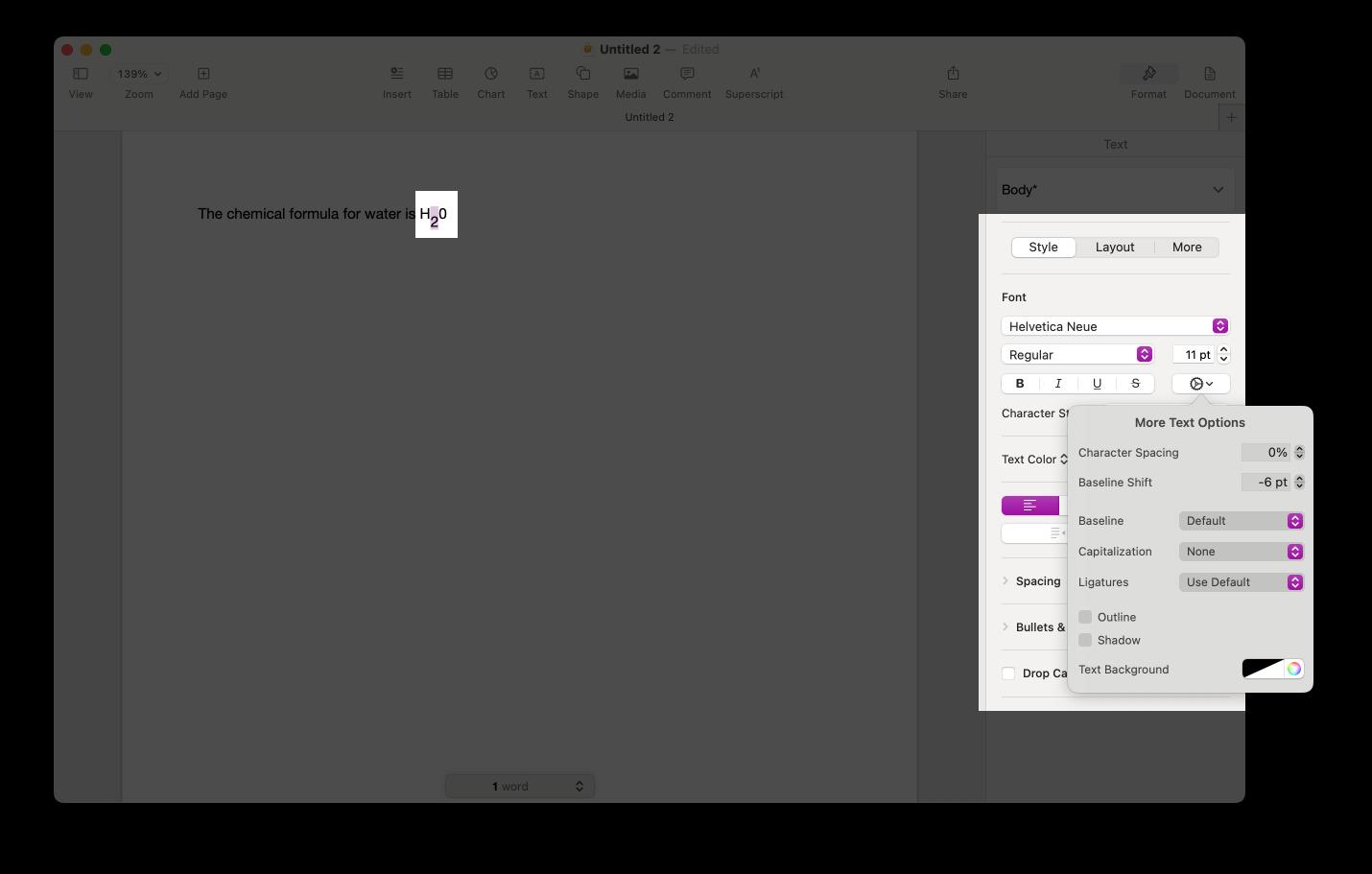 Adjust text position in Pages select text Click Format Style Settings gear Use Baseline Shift arrows to raise or lower text.