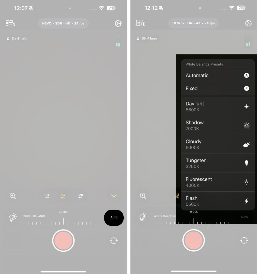 Adjusting white balance for video in Final Cut Camera app.