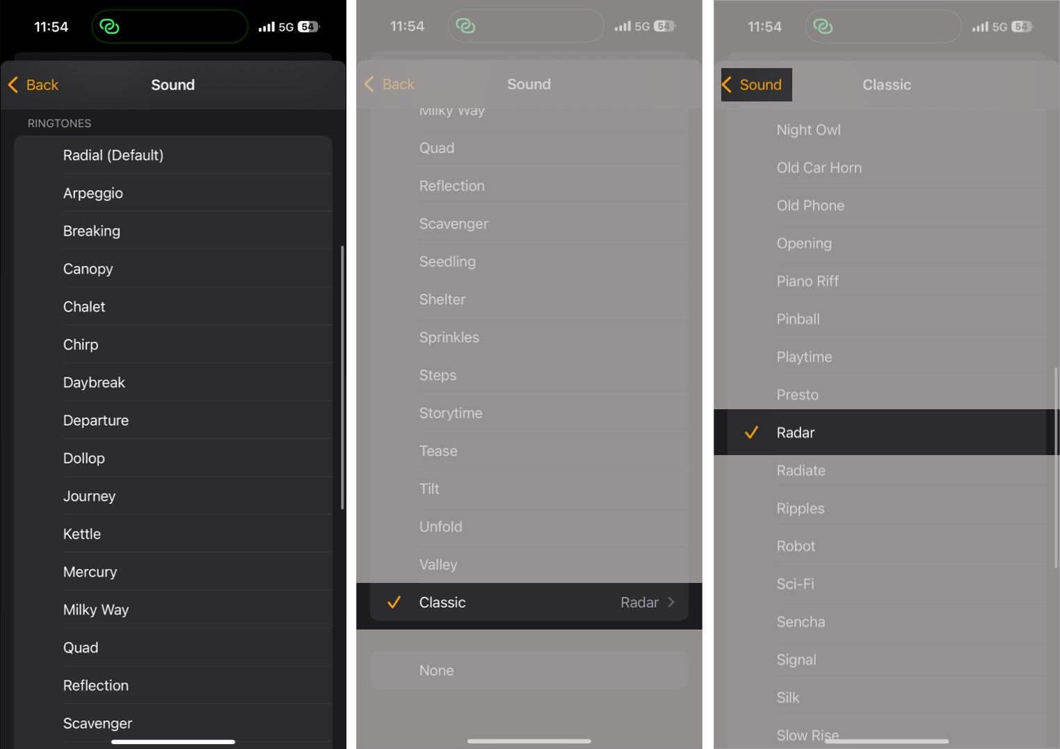 Choosing a default ringtone as alarm sound on an iPhone.