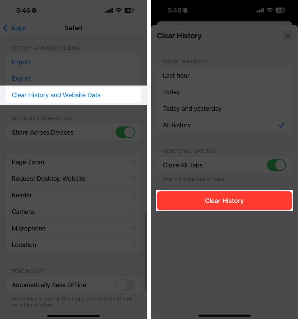 Clear history and website data in Safari on iPhone.