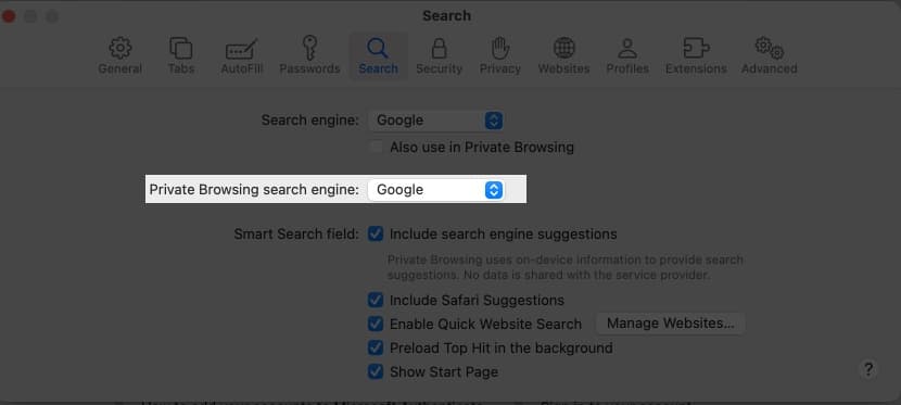 Click Dropdown menu next to Private Browsing search engine in Safari settings on Mac.