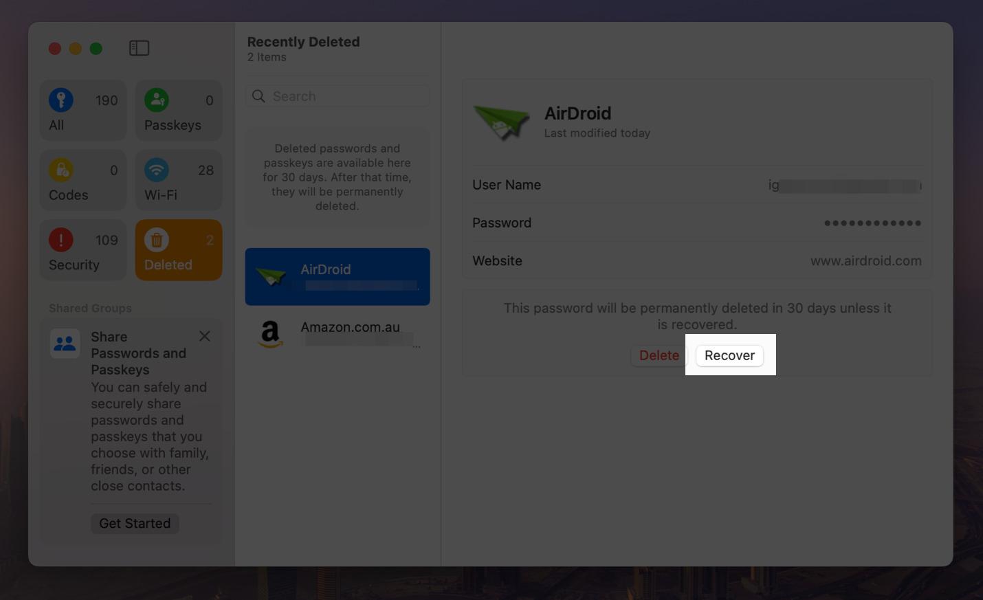 Click Recover to restore recently deleted password on Mac.