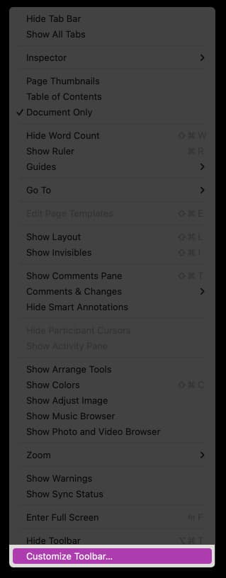 Click View in the Mac menu bar and select Customize Toolbar.
