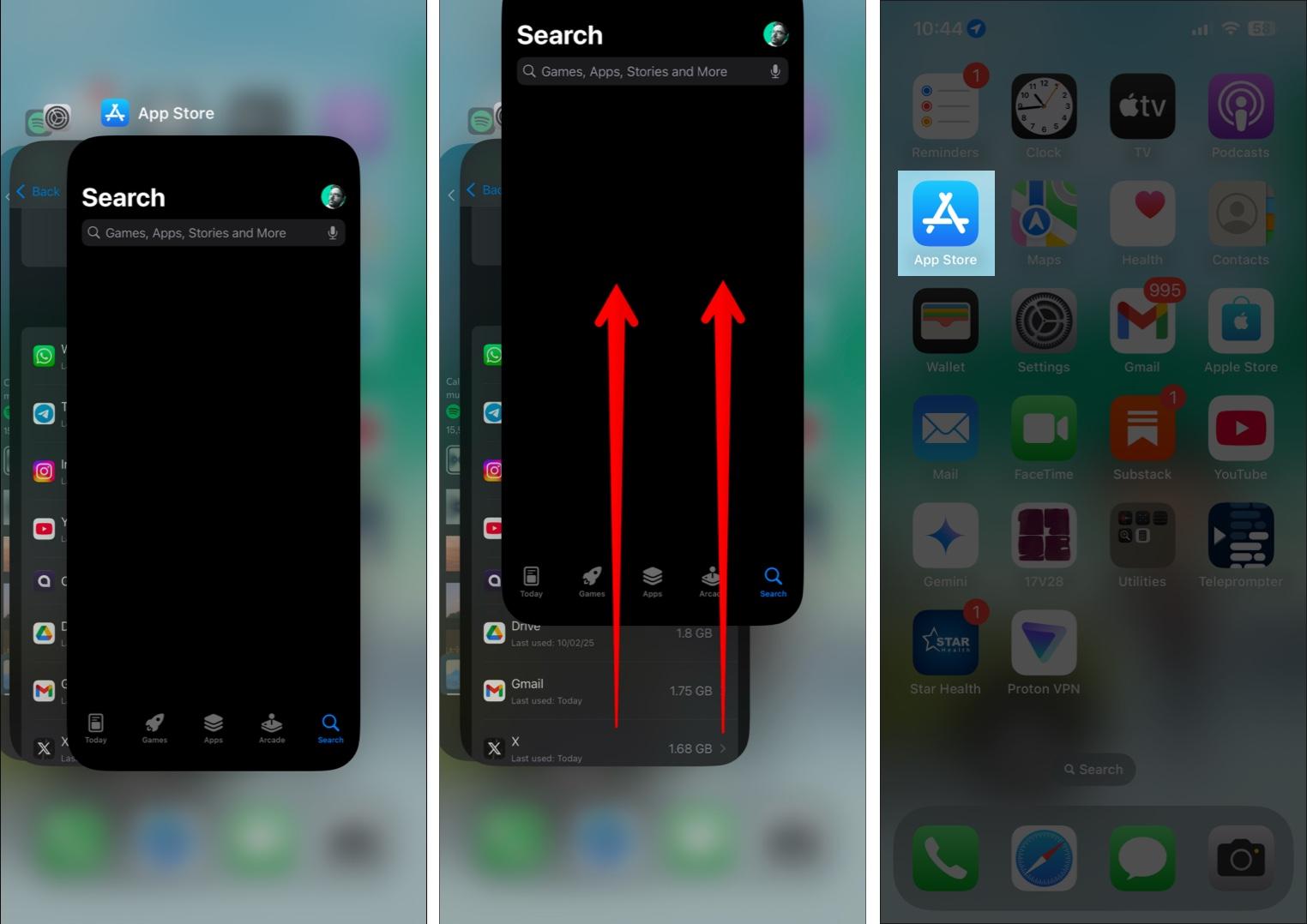 Closing and relaunching the App Store app on an iPhone.