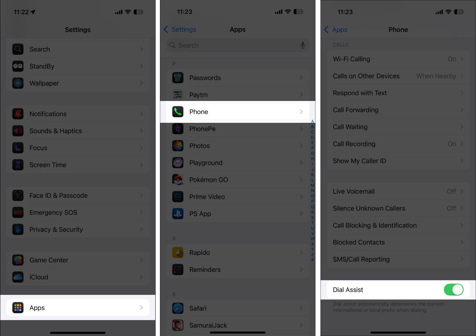 Enable Dial Assist on iPhone via Settings.