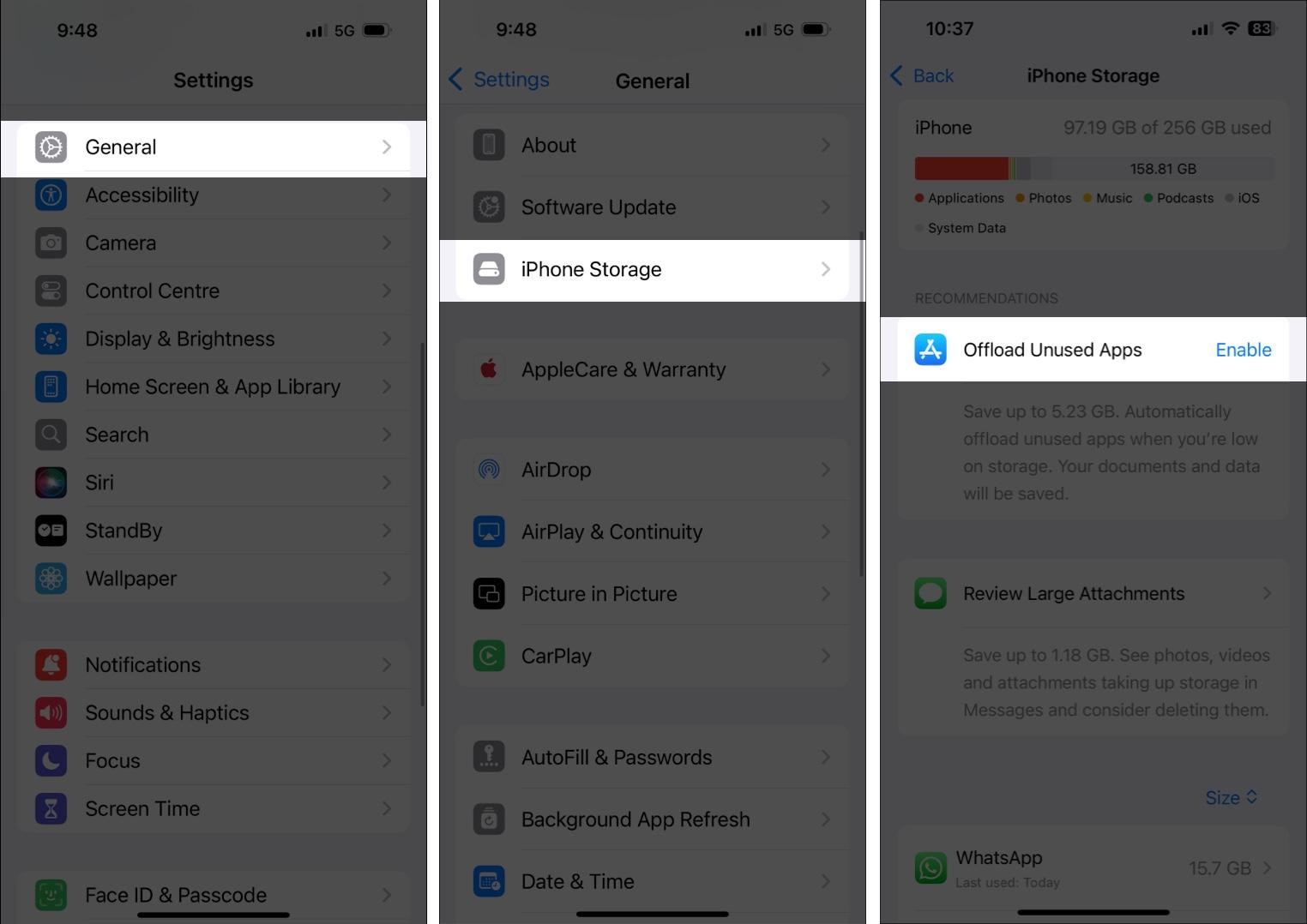 Enabling the Offload Unused Apps option from the iPhone Storage page on an iPhone.