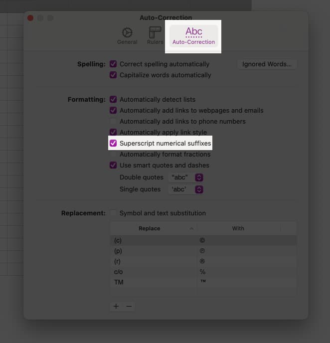 Enable superscript numerical suffixes in Numbers.