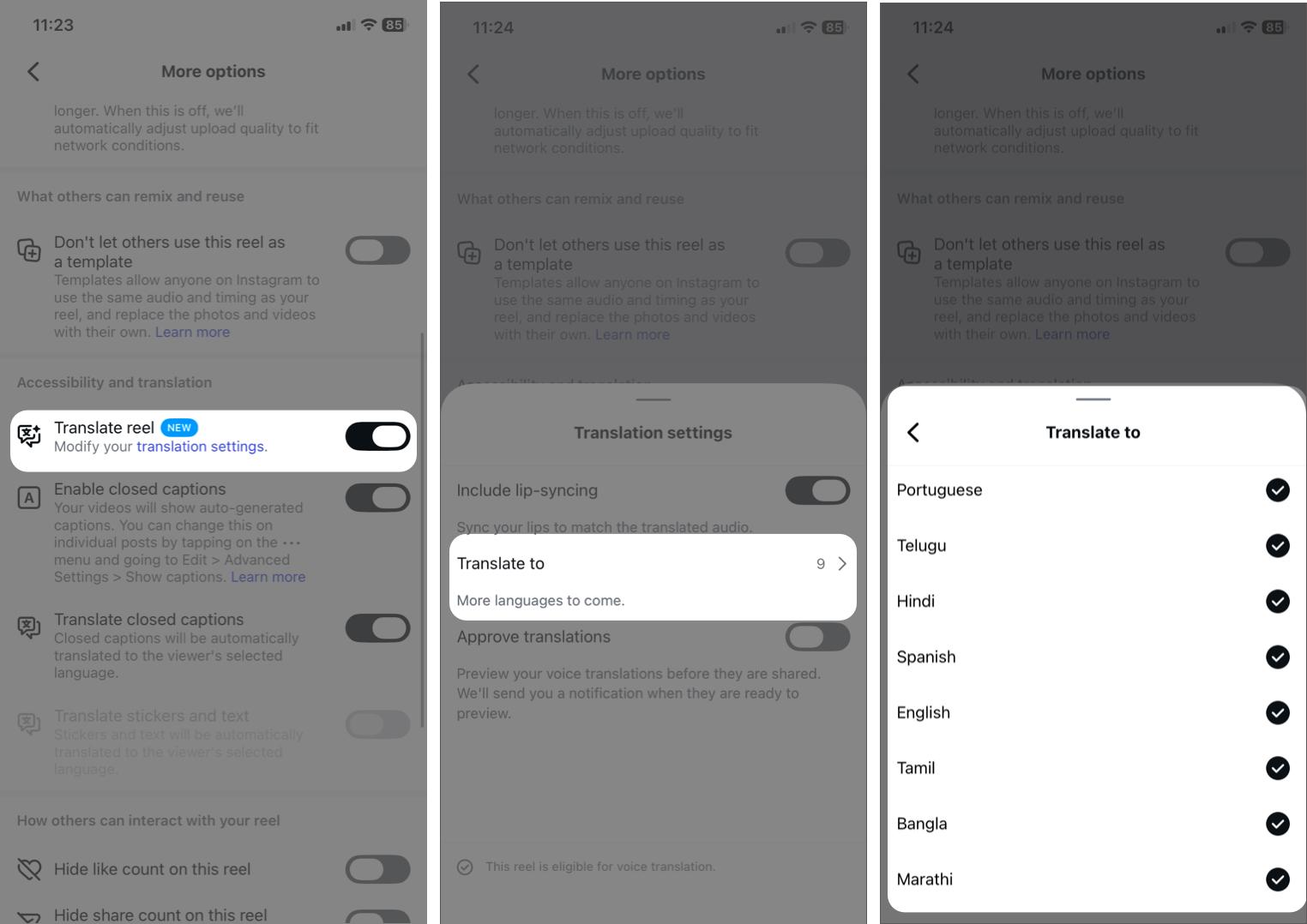 Enabling auto-translation and dubbing for Instagram Reels.