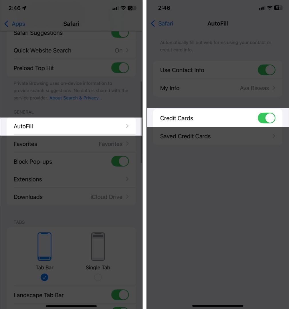 Go to Safari settings tap AutoFill and enable Credit Cards.