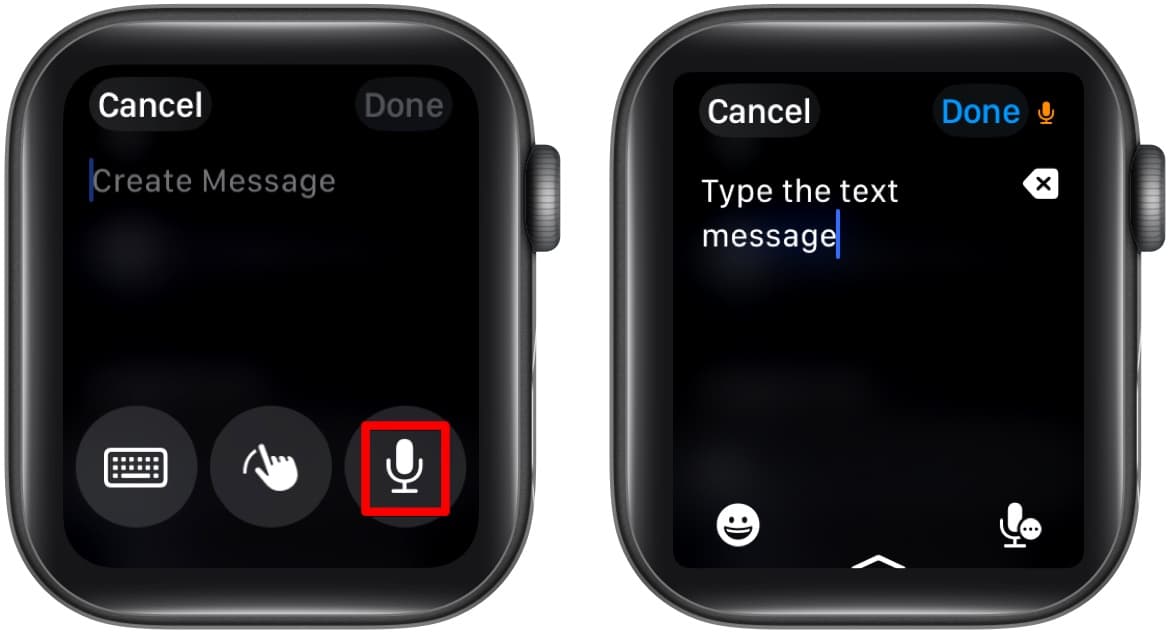 Dictating text in an app on an Apple Watch.