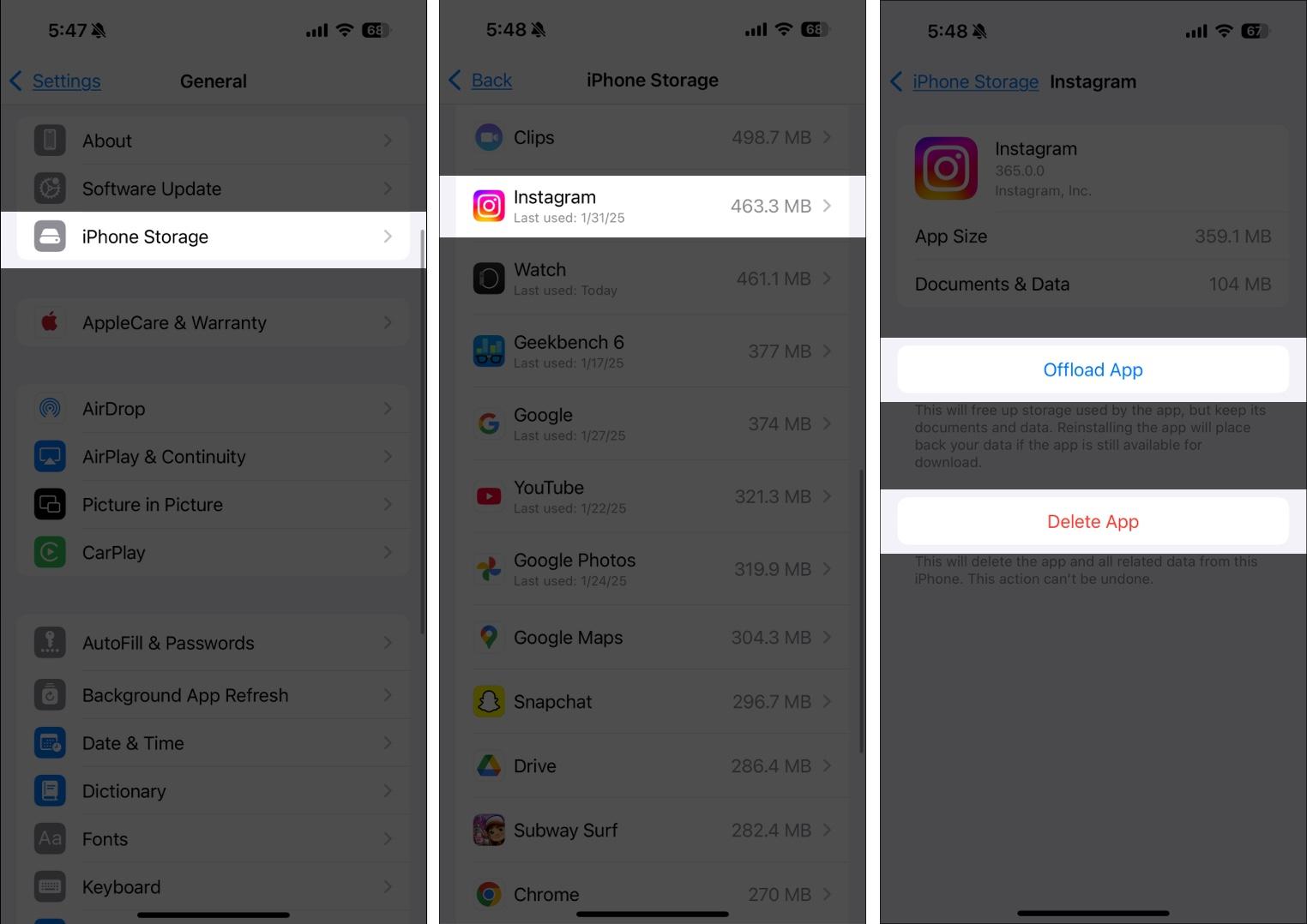 In iPhone Storage settings Offload or delete app to free space and fix AutoFill issues.