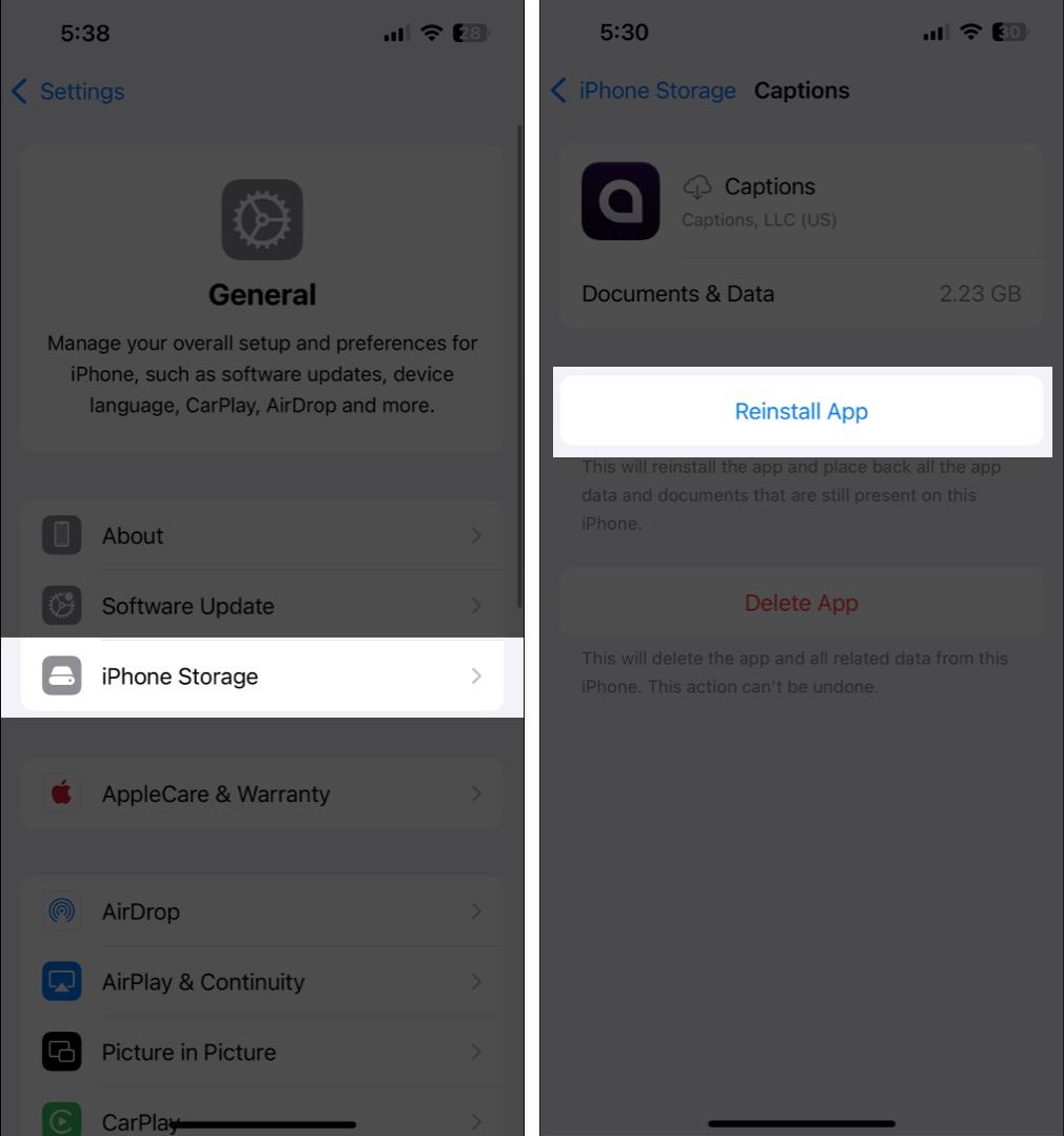 Navigate to iPhone Storage in Settings select an app and tap Reinstall App.