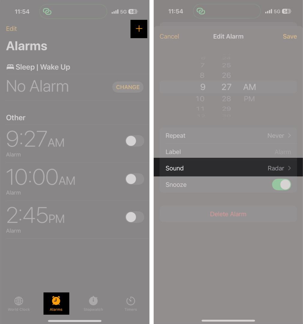 Creating a new alarm in the Clock app on an iPhone.