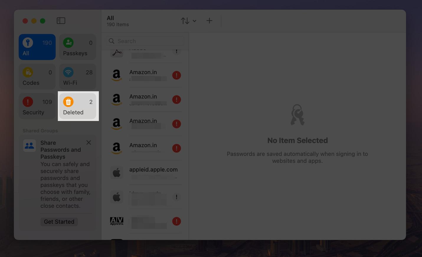 Open Passwords app on Mac enter passcode or Touch ID and select Deleted option.
