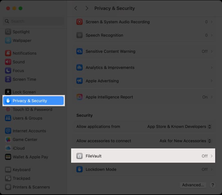 Accessing the FileVault option in macOS System Settings.