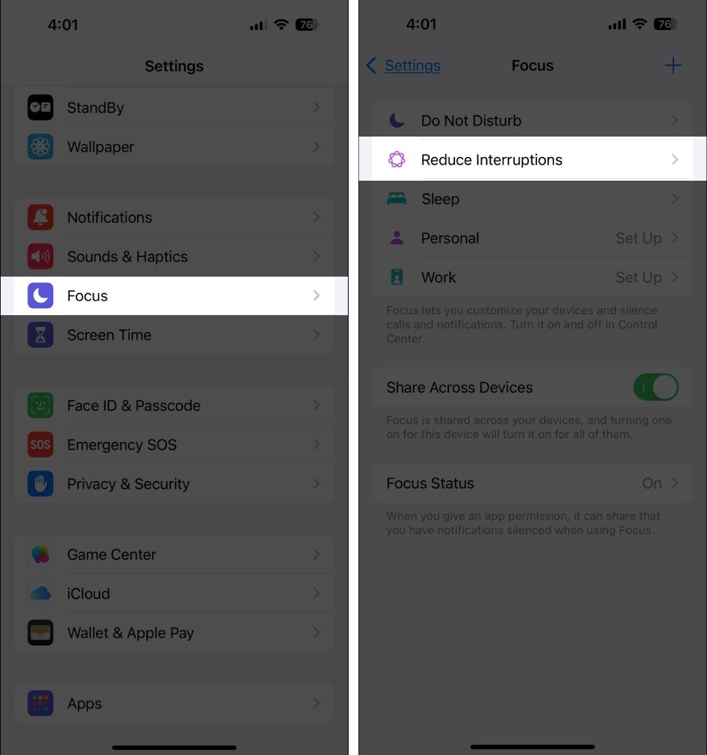 Accessing the Reduced Interruptions Focus mode in iPhone Settings app.