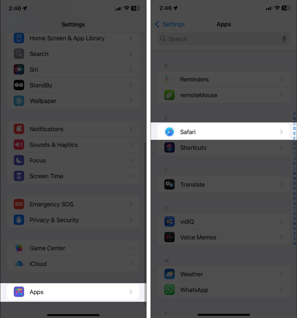Open Settings on iPhone go to Apps and select Safari.