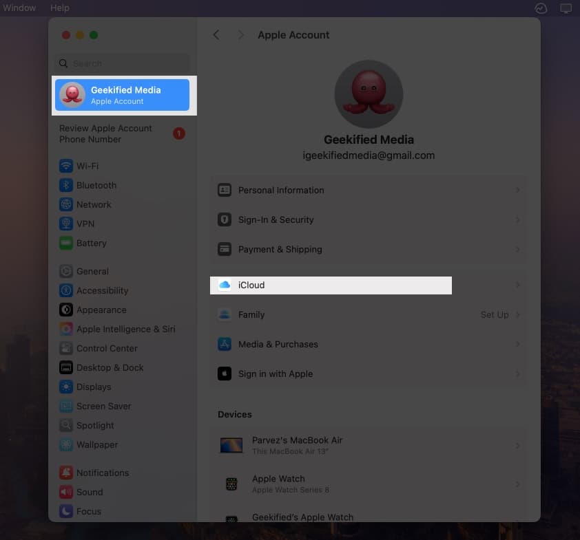 Open System Settings on Mac and navigate to iCloud under your name.