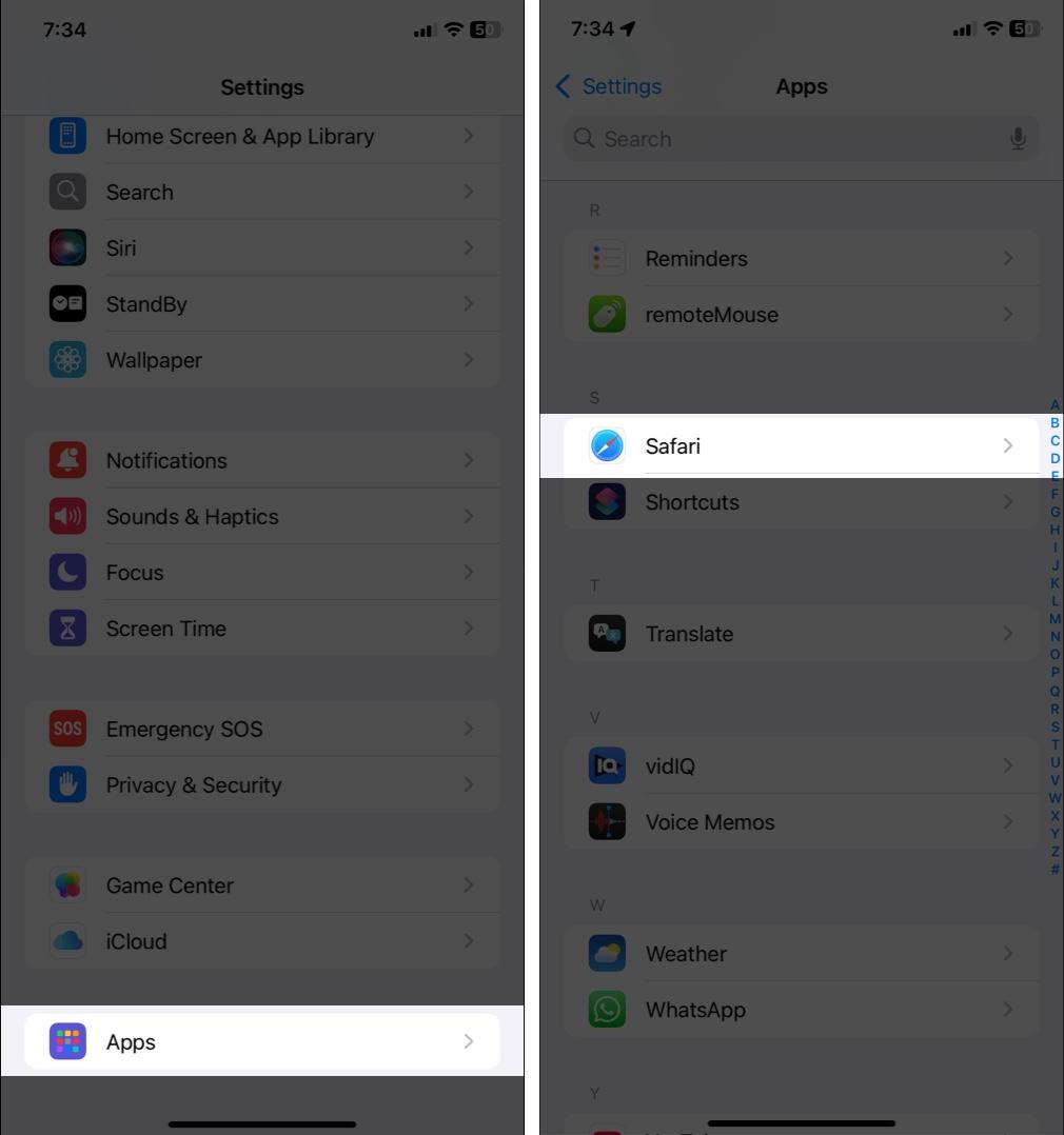 Open iPhone Settings tap on Apps and Safari.