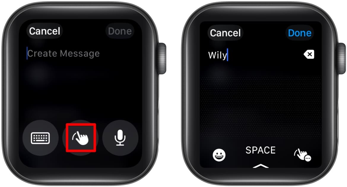 Entering text in an app on an Apple Watch using handwriting.