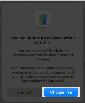 Select Choose File and upload the exported CSV.