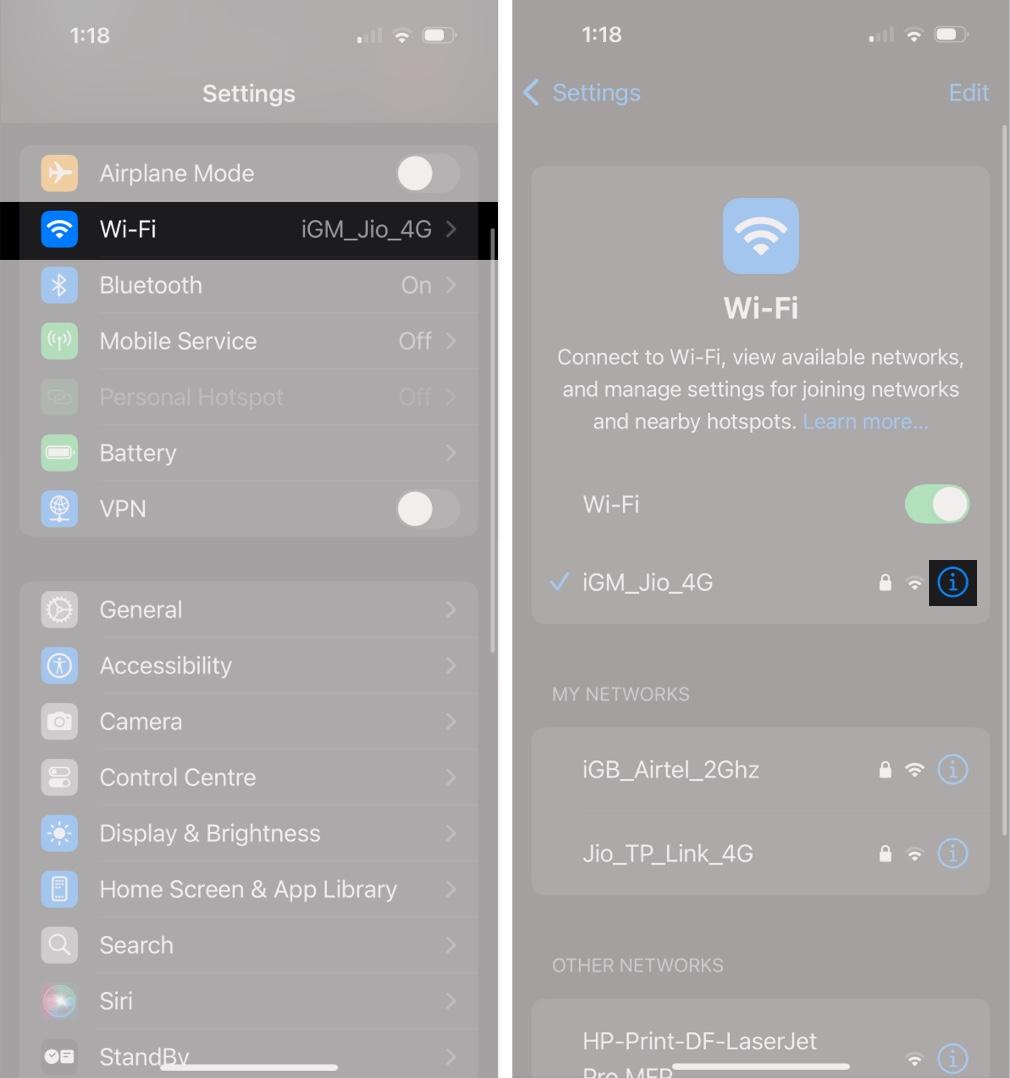 Accessing settings of the connected Wi-Fi network.