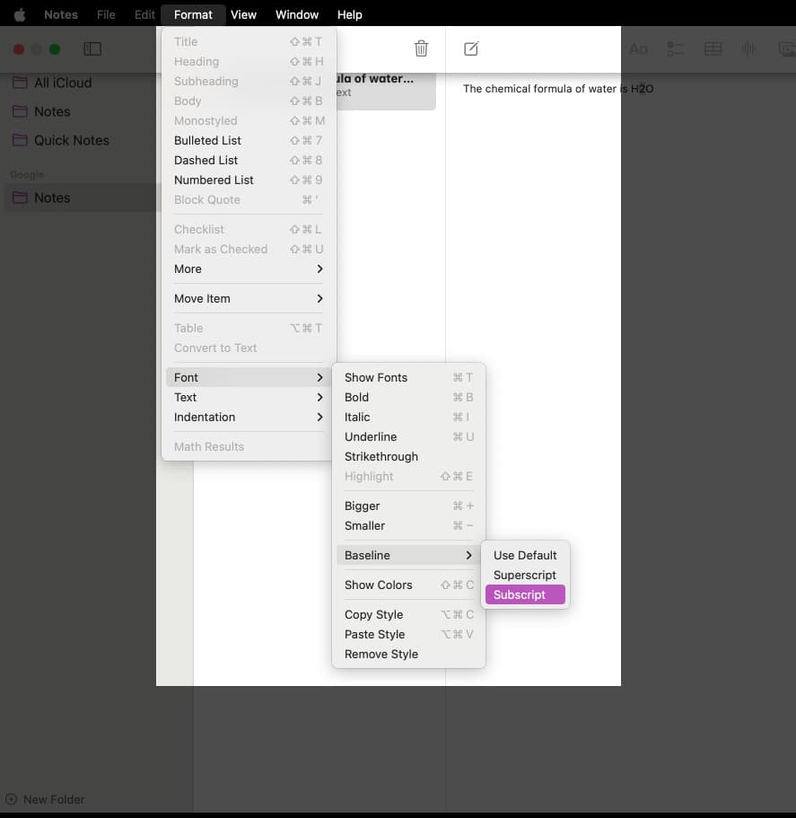 Select text in Notes app go to Format Font Baseline and choose Superscript or Subscript.