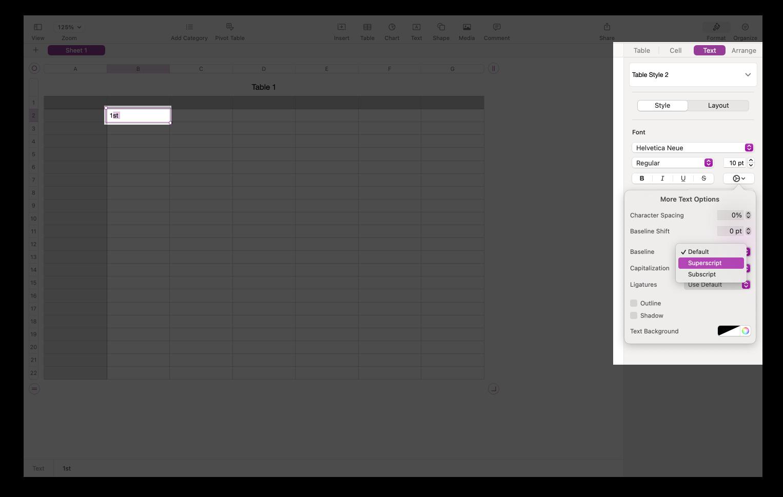 Select text in Numbers click Format Text open Advanced Options and choose Superscript or Subscript from the Baseline menu.
