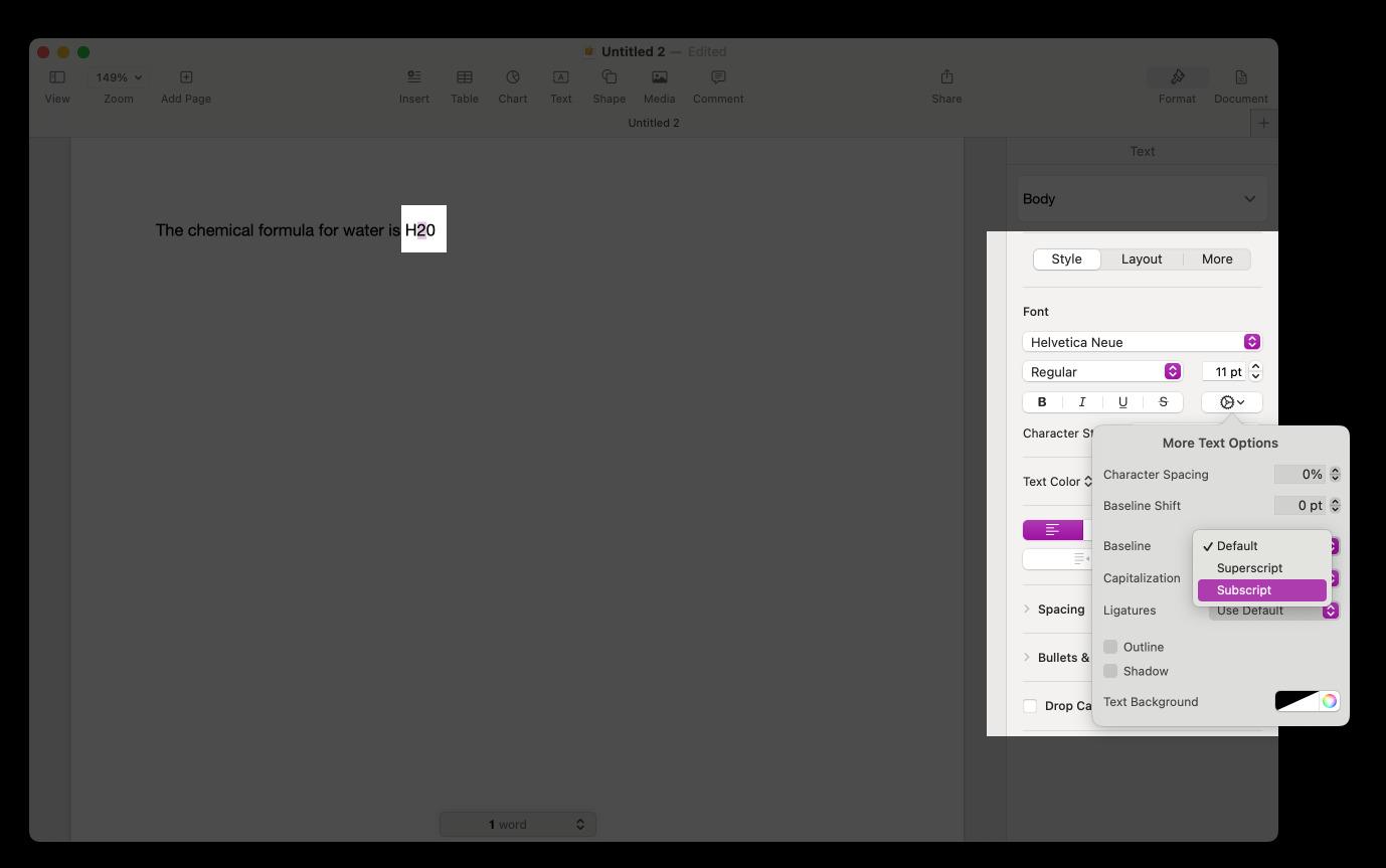 Select text open Format sidebar Style go to Font settings and choose Superscript or Subscript from the Baseline menu.